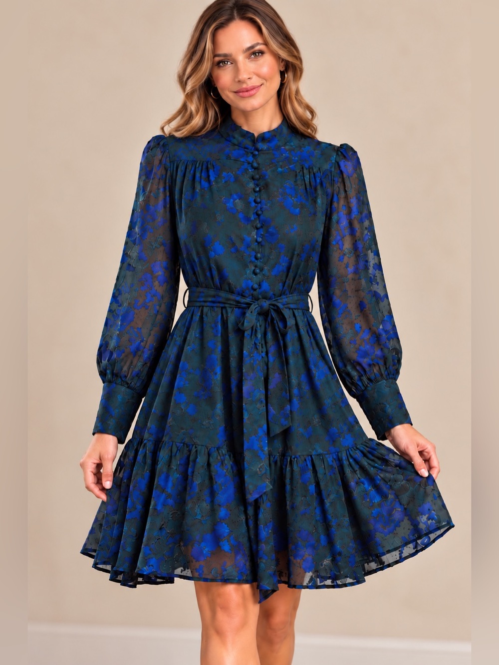 Sugarlips Navy and Royal Blue Floral Tie-Waist Long Sleeve Dress